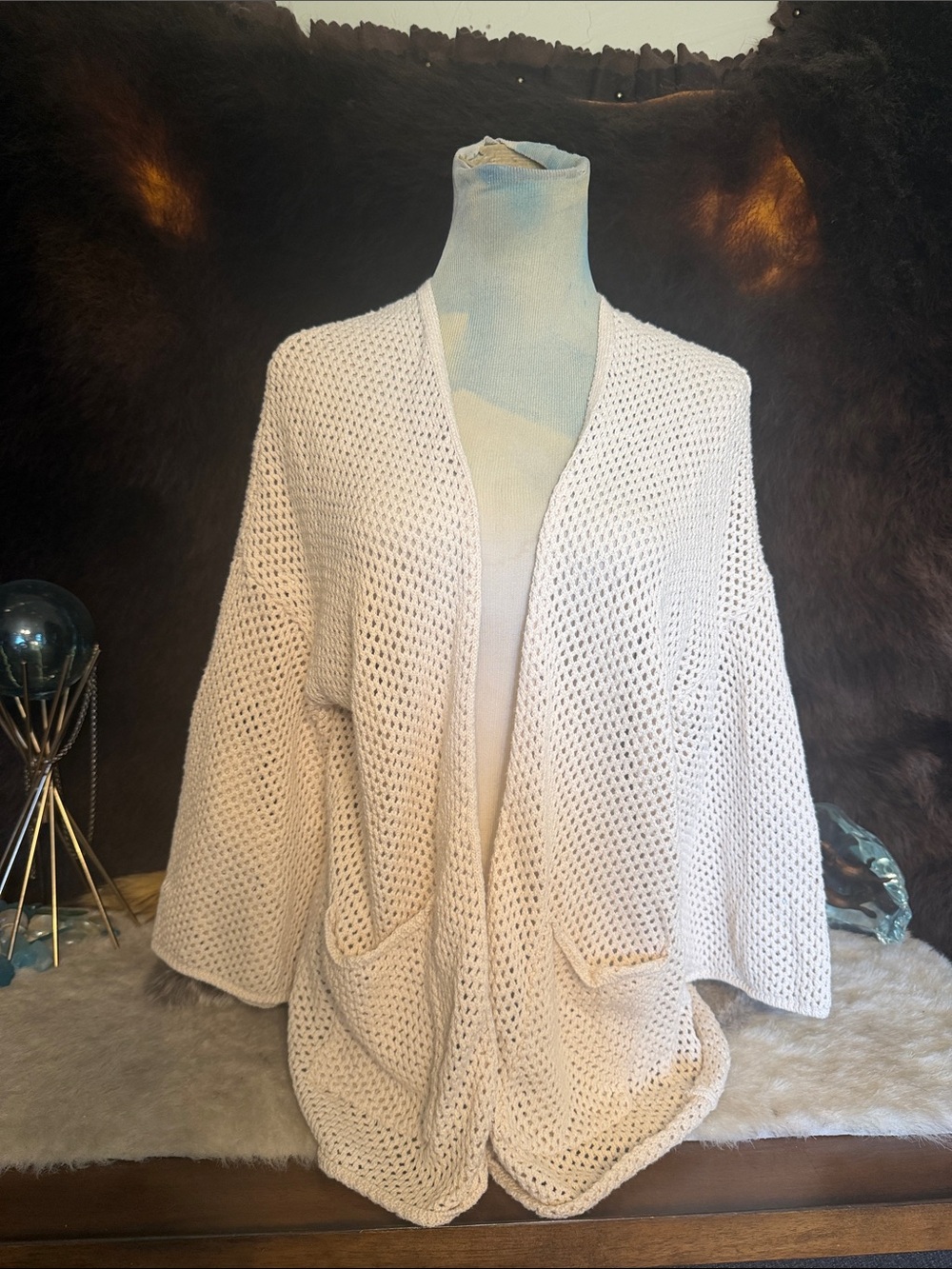 Open-Front Cream Knit Women's Sweater Cardigan M (4550)